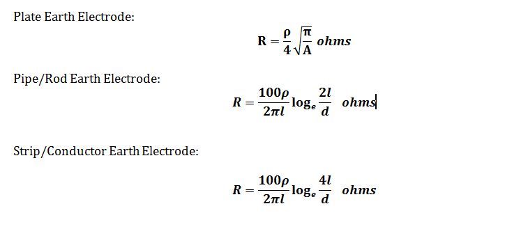 The formula provided by IS 3043 for calculating the earth electrode resistance values.