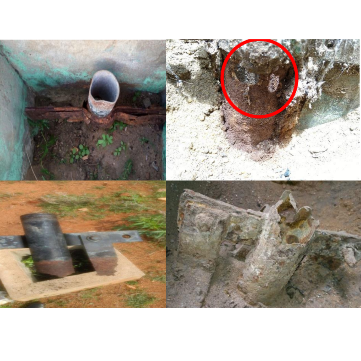 Collage of pictures showing the corrosion on earthing materials.