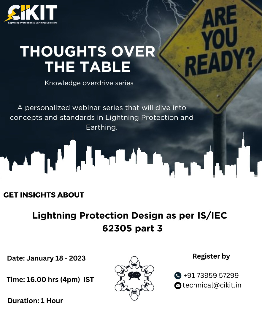 A cover page for 'Thoughts over the Table' on the topic 'Lightning Protection Design as per IS/IEC62305 Part-3'