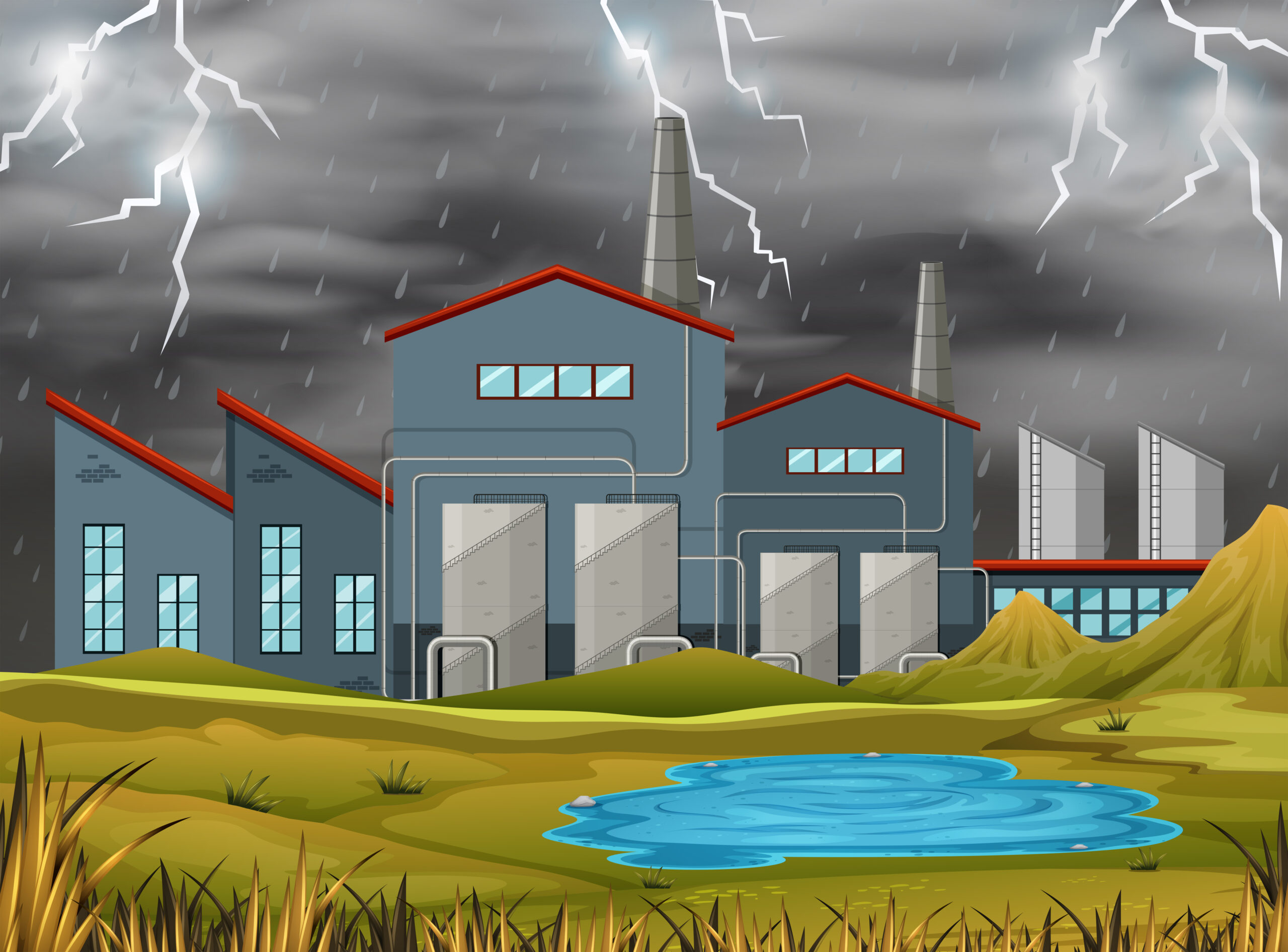 The featured image of the article 'Lightning protection zones', a cartoon image of a factory in rain and lightning.